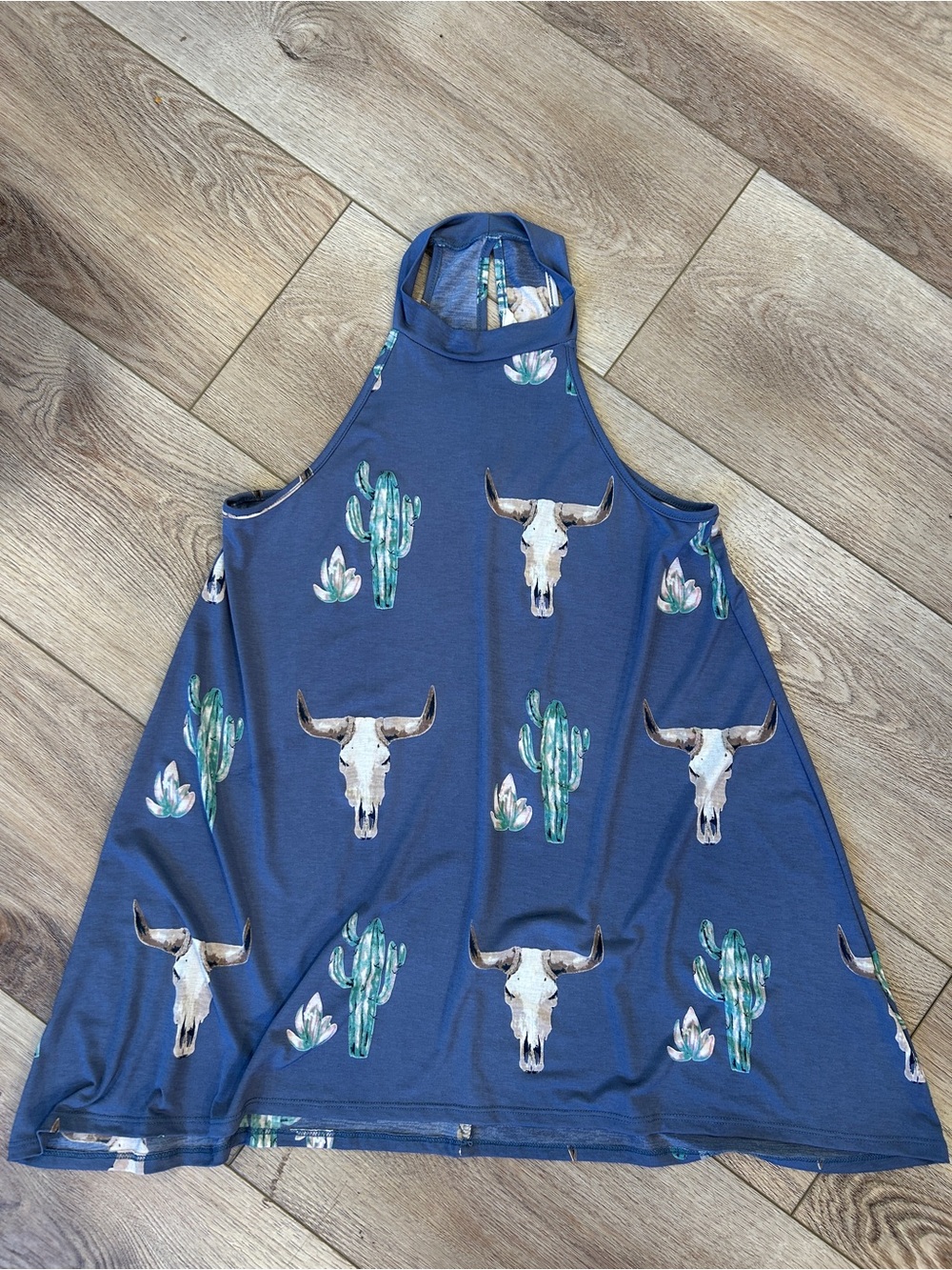 Peach Love Blue Desert Cactus & Skull Print Halter western Top Tunic -